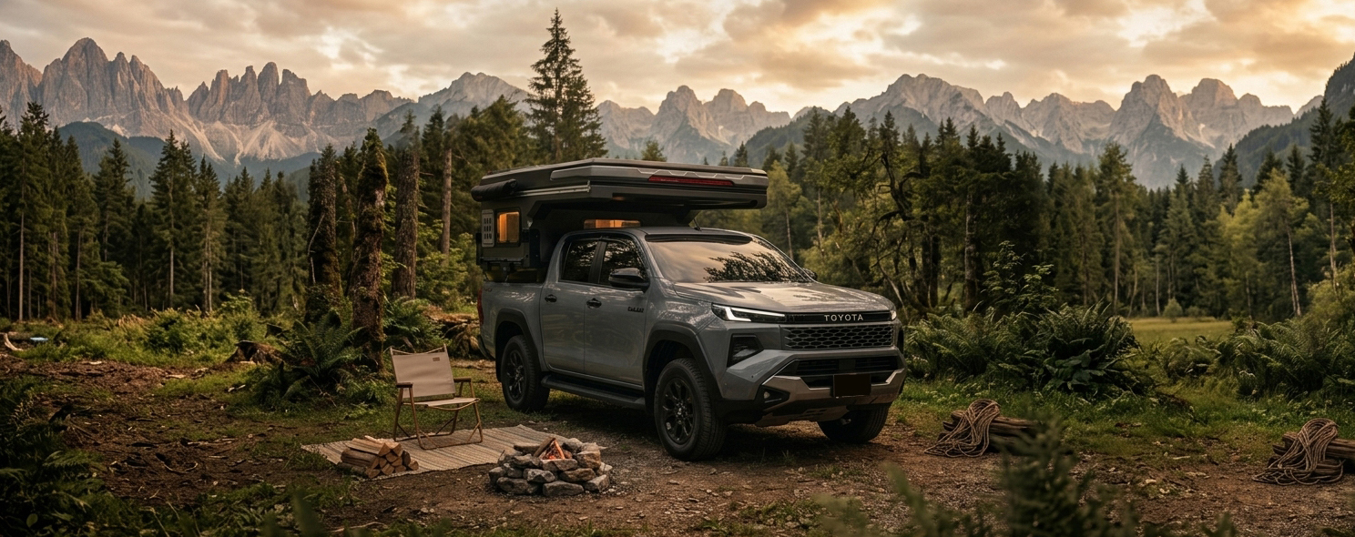 เต็นท์หลังคาแคมป์เปอร์ Venture ติดตั้งบน Toyota Hilux กำลังขับบนถนนภูเขายามพลบค่ำ
