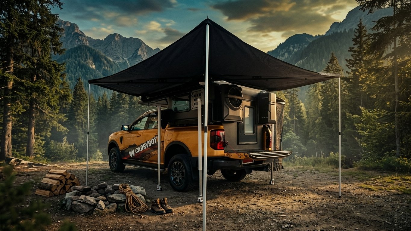 ผ้าใบกันแดดกางข้างรถกระบะที่ติดตั้งแคมป์เปอร์ Venture