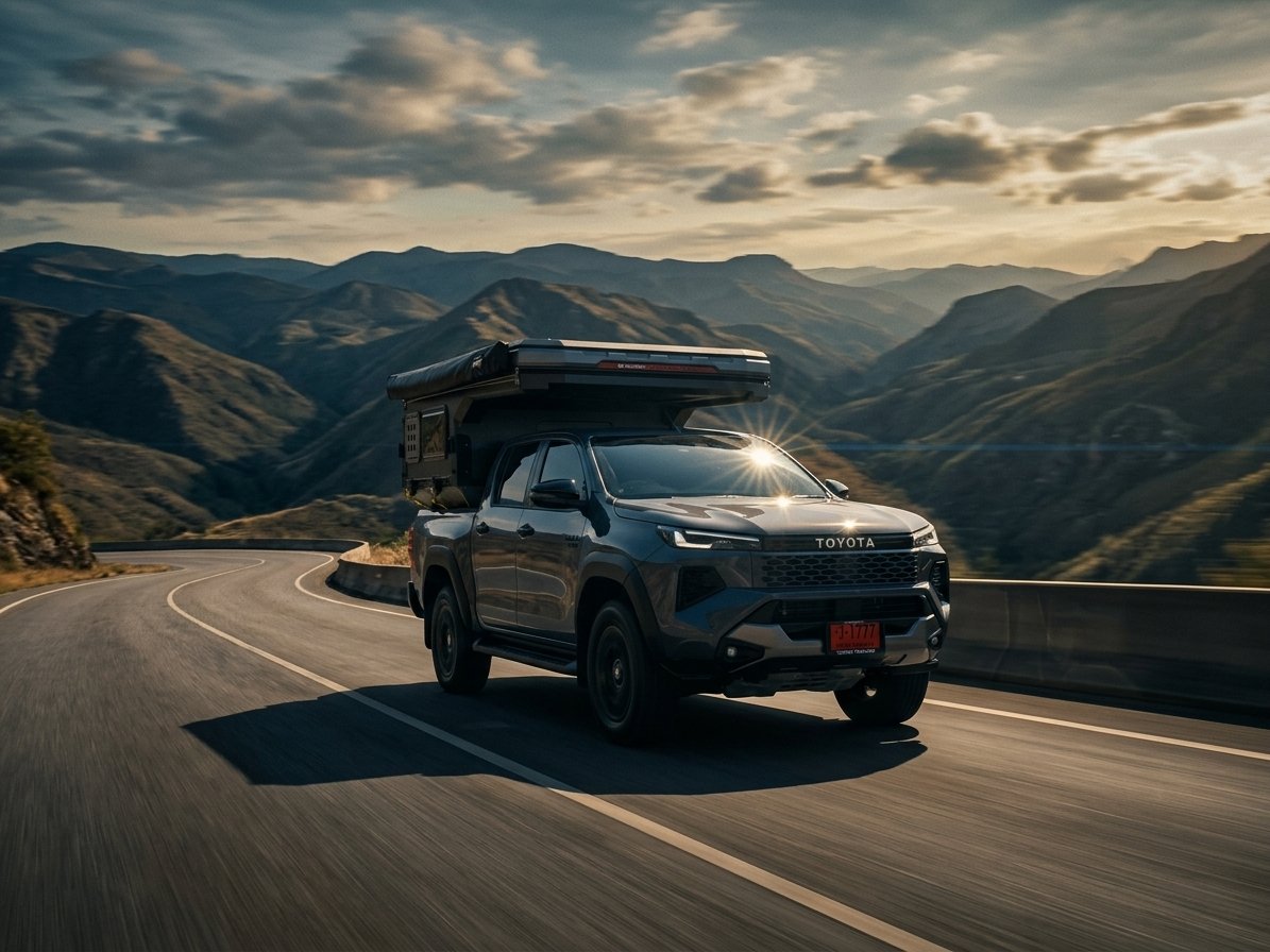 เต็นท์หลังคาแคมป์เปอร์ Venture ติดตั้งบน Toyota Hilux กำลังขับบนถนนภูเขายามพลบค่ำ