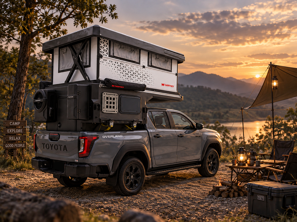 แคโนปี้แคมป์เปอร์ Venture กางเต็มรูปแบบบน Toyota Hilux มุมด้านข้าง ถ่ายในสตูดิโอ